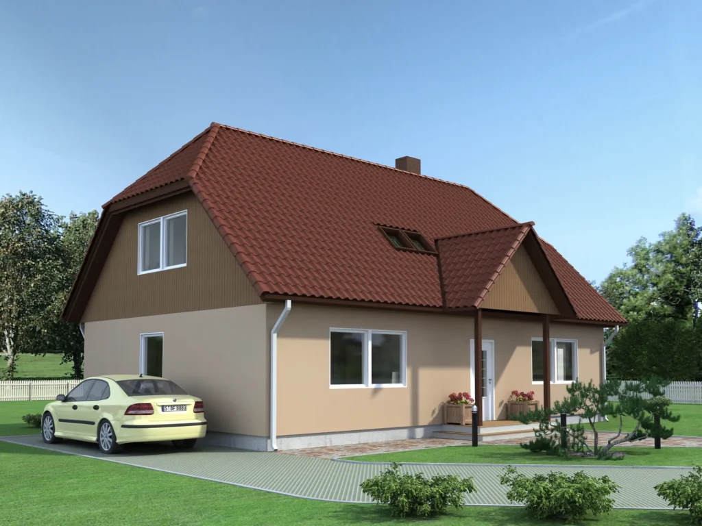 Kahekorruselise eramaja projekti Harjumaal 3D visualiseering tänavalt