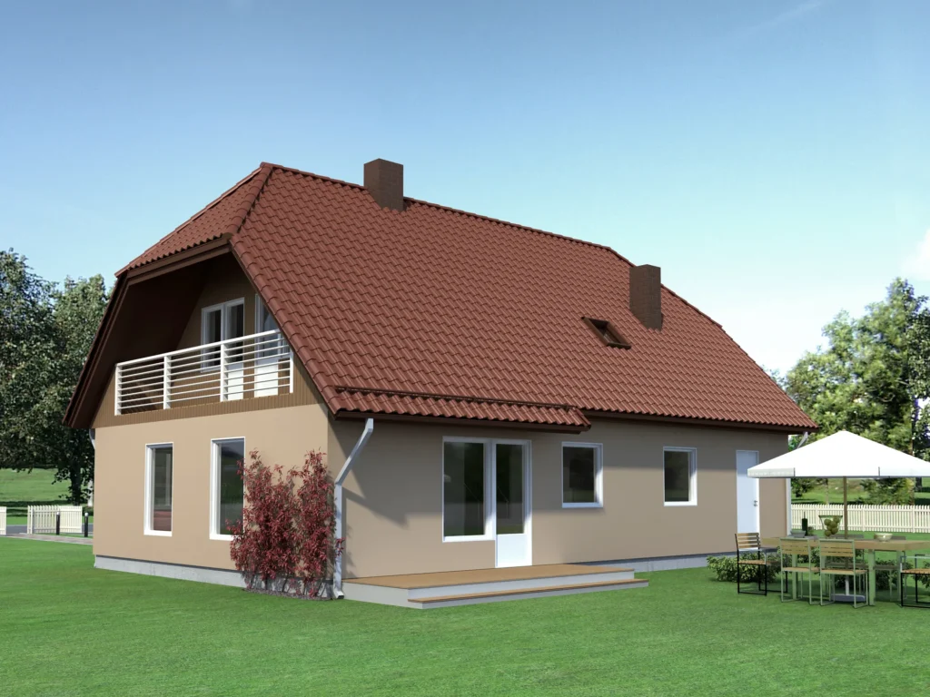 Kahekorruselise eramaja projekti Harjumaal 3D visualiseering hoovist