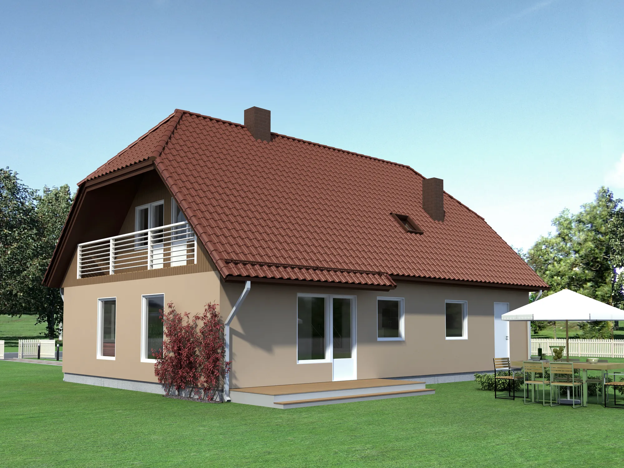 Kahekorruselise eramaja projekti Harjumaal 3D visualiseering hoovist