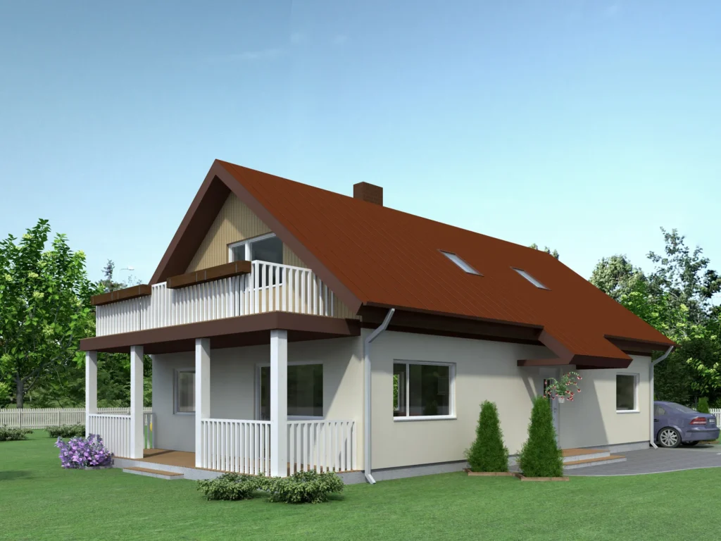 Kahekorruselise eramaja projekti Harjumaal 3D visualiseering tänavalt