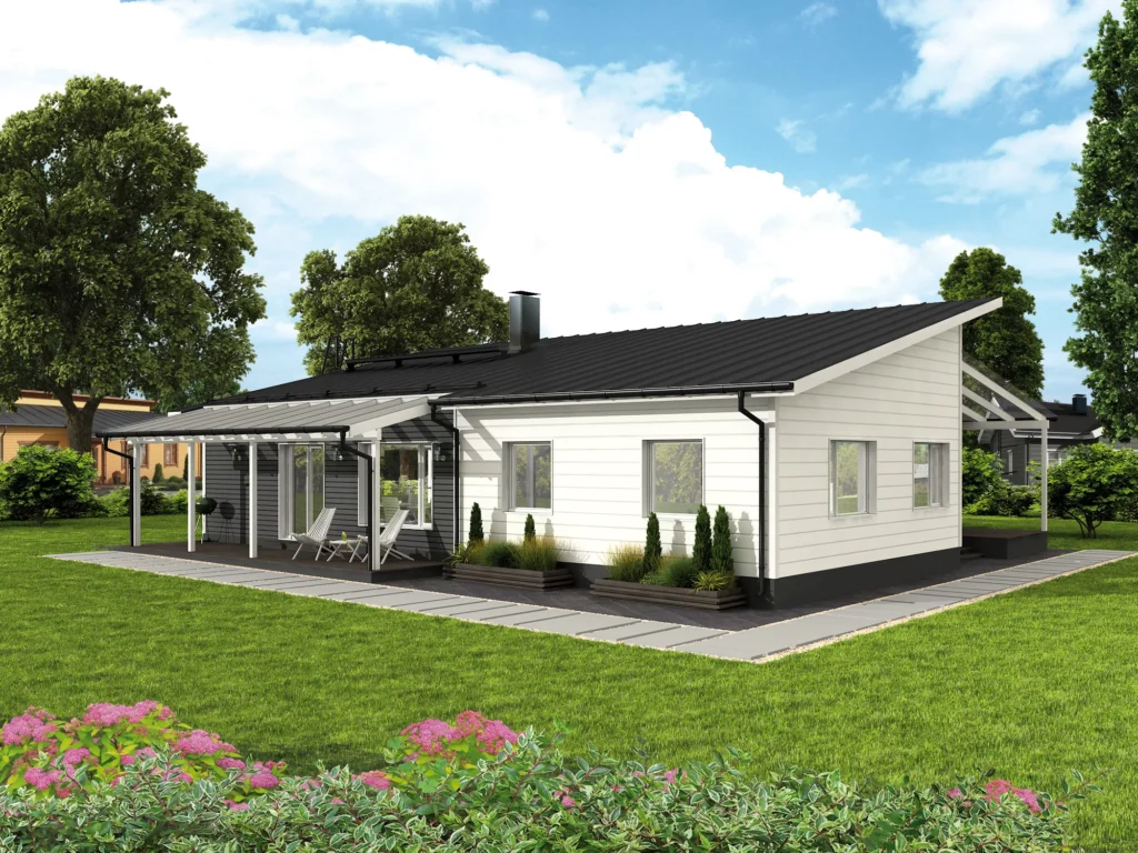 Ühekorruselise eramaja projekti Harjumaal 3D visualiseering hoovist