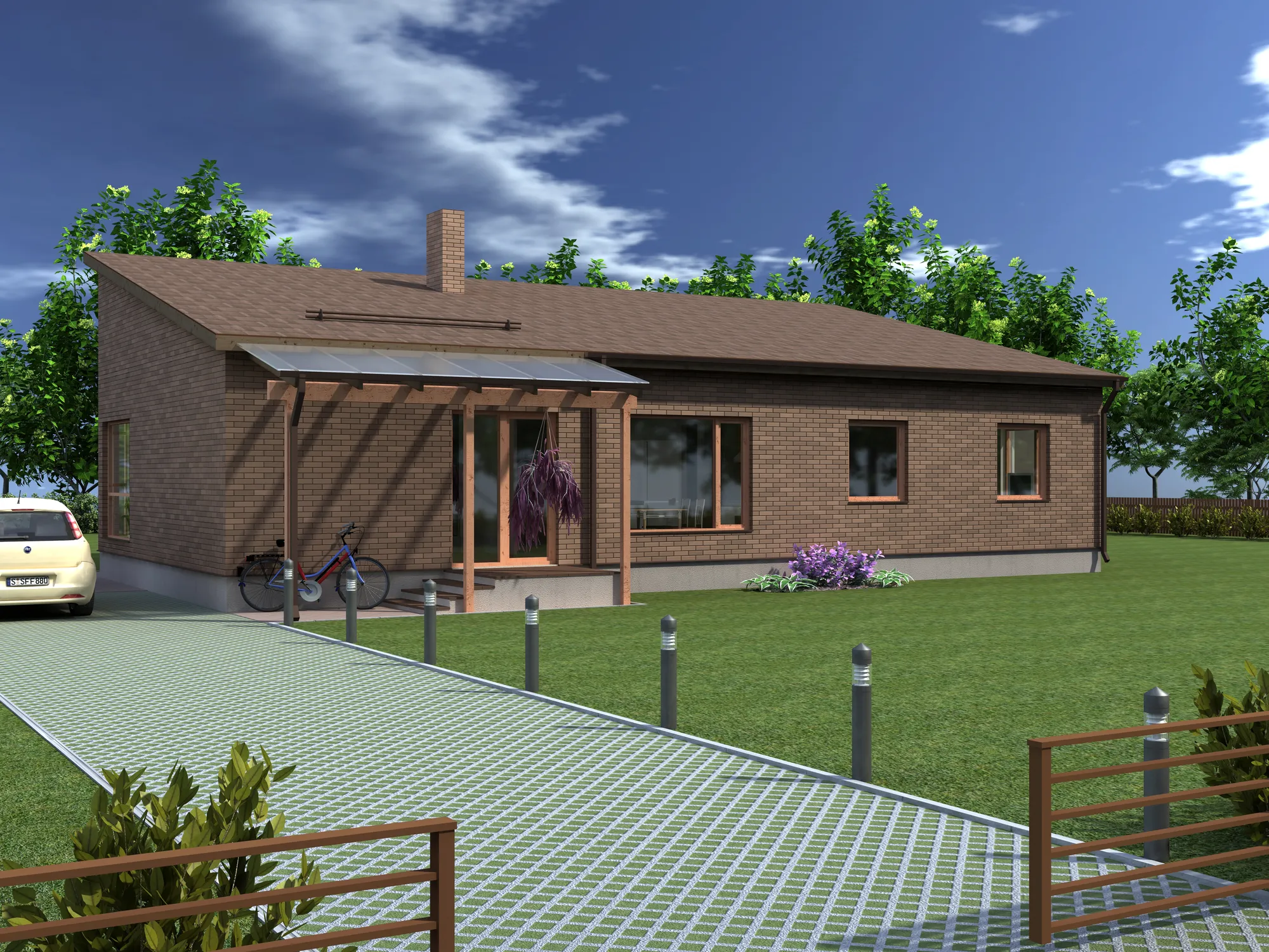 Ühekorruselise eramaja projekti Harjumaal 3D visualiseering tänavalt