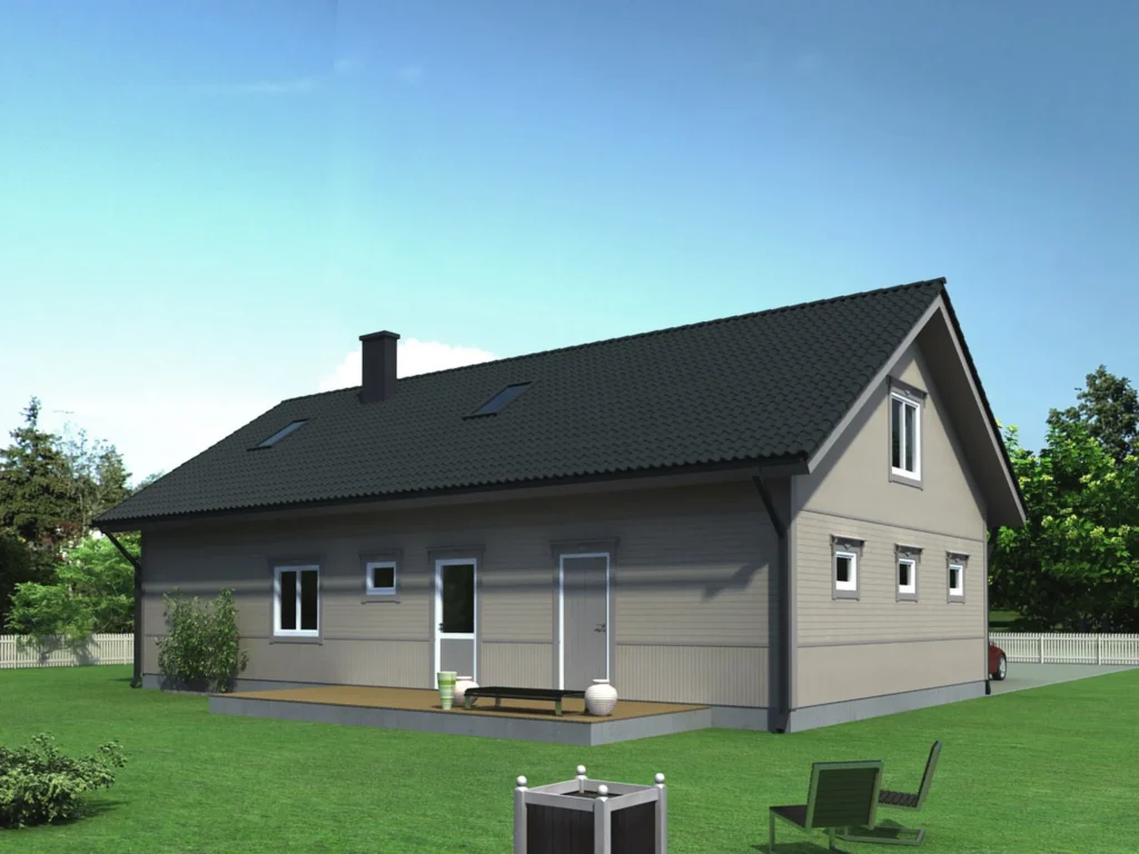 Kahekorruselise eramaja projekti Harjumaal 3D visualiseering hoovist