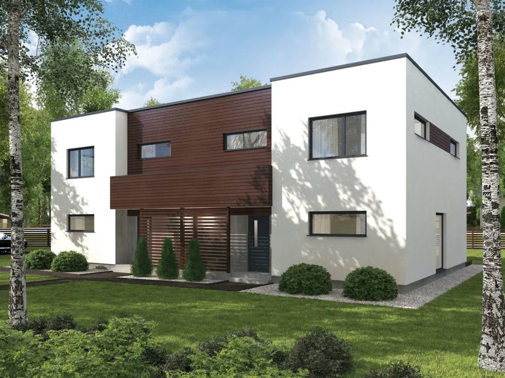 Modernse kahekorruselise paariselamu projekti Tallinnas 3D visualiseering tänavalt