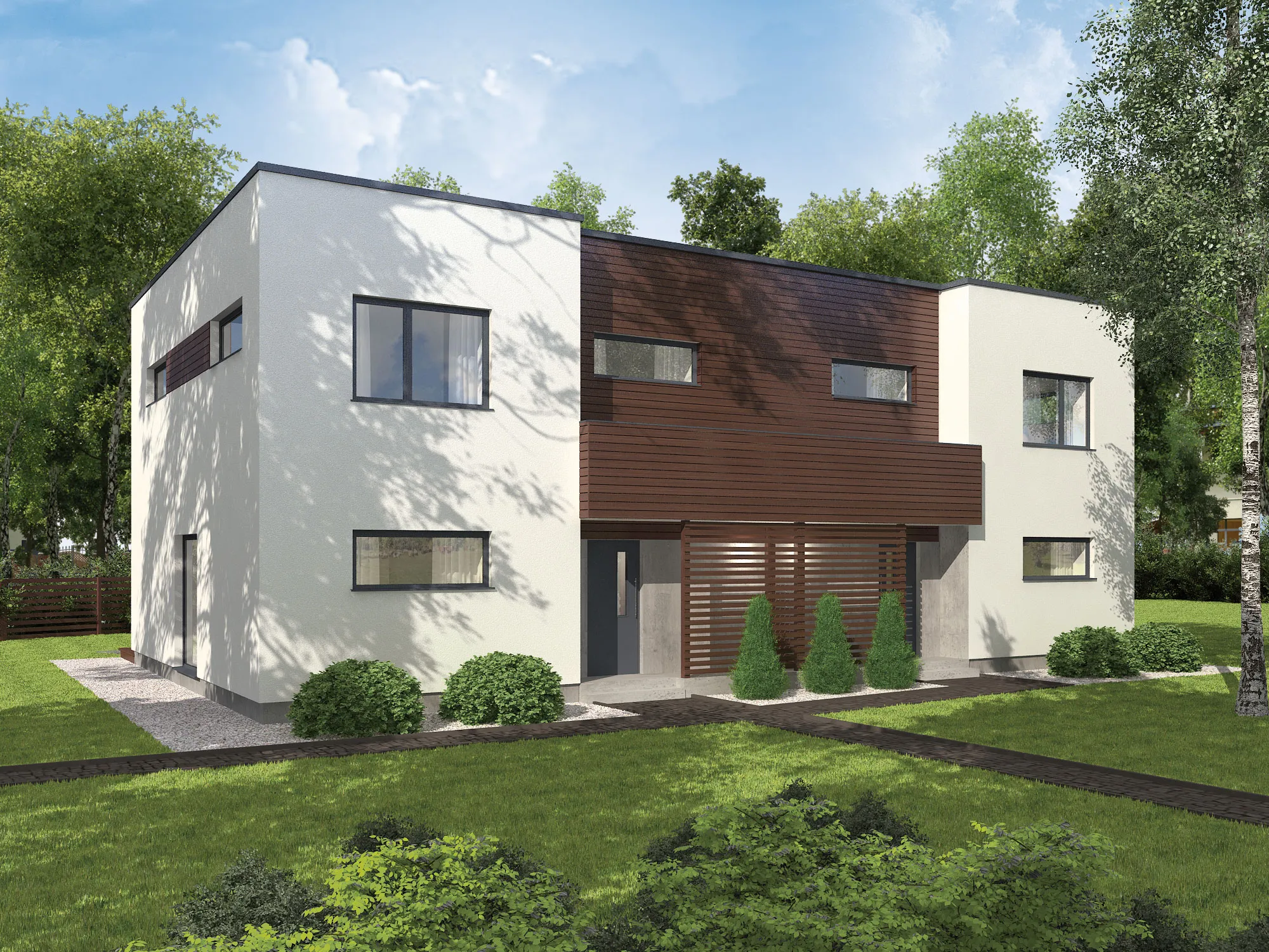 Modernse kahekorruselise paariselamu projekti Tallinnas 3D visualiseering tänavalt