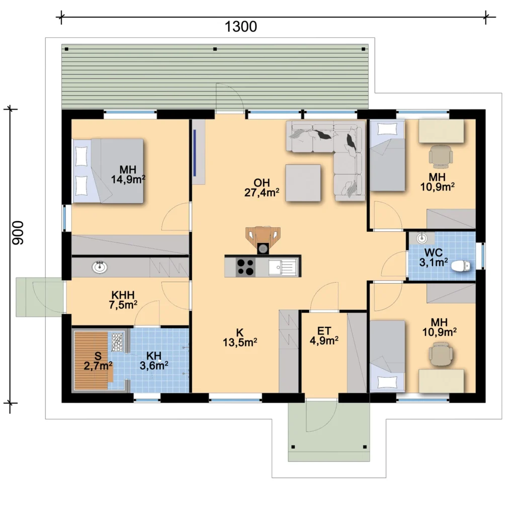 Kompaktse ühekorruselise eramaja projekti Harjumaal 3D plaan