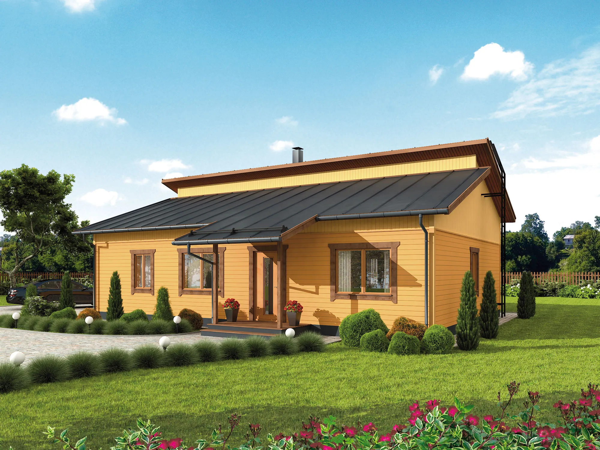 Kompaktse ühekorruselise eramaja projekti Harjumaal 3D visualiseering tänavalt