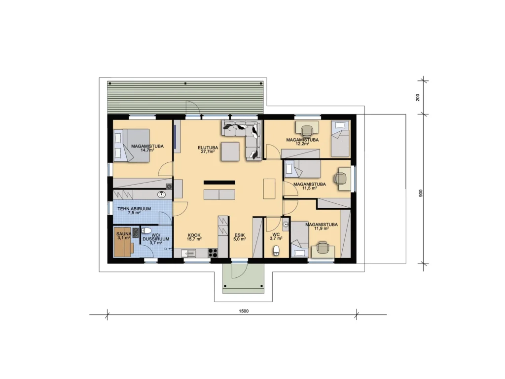 Kõrge viiluga ühekorruselise eramaja projekti Harjumaal plaan