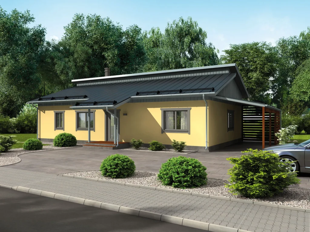 Kõrge viiluga ühekorruselise eramaja projekti Harjumaal 3D visualiseering tänavalt