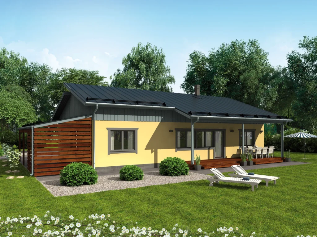 Kõrge viiluga ühekorruselise eramaja projekti Harjumaal 3D visualiseering hoovist