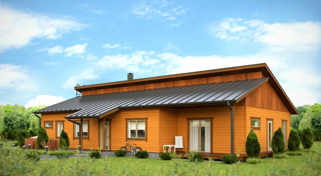 Kõrge viiluga külaliskorteriga eramaja projekti Harjumaal 3D visualiseering tänavalt