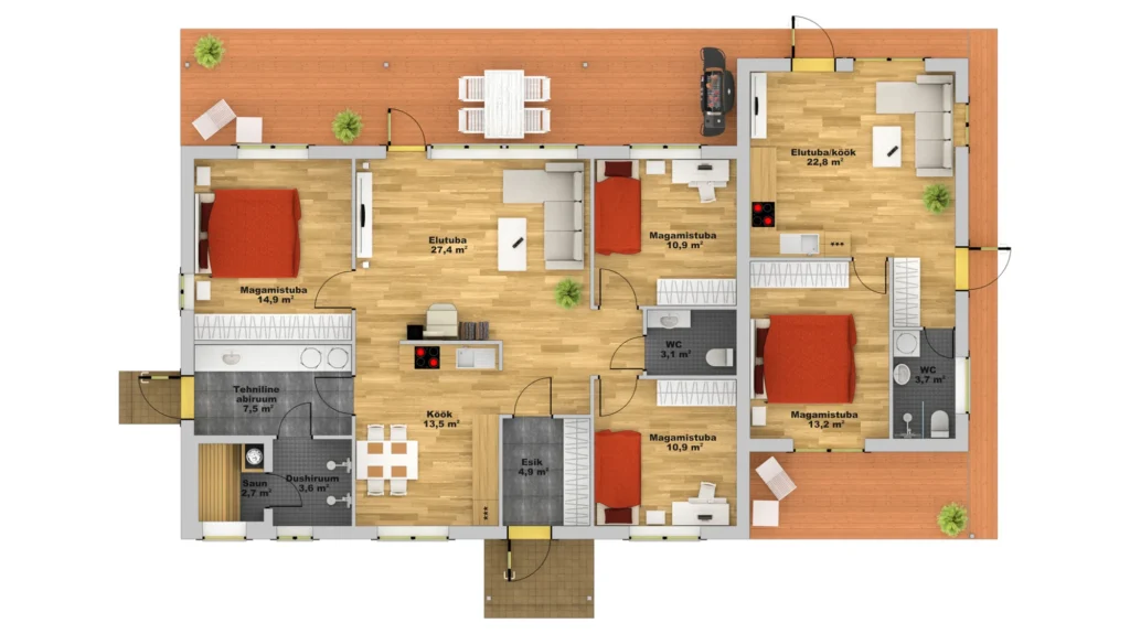 Kõrge viiluga külaliskorteriga eramaja projekti Harjumaal põhiplaan