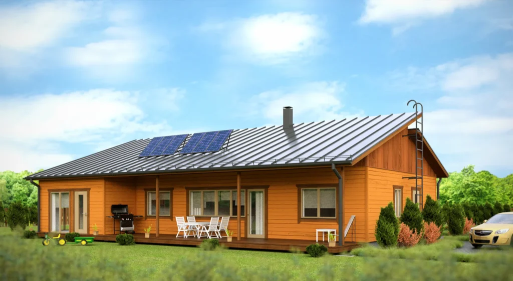 Kõrge viiluga külaliskorteriga eramaja projekti Harjumaal 3D visualiseering hoovist