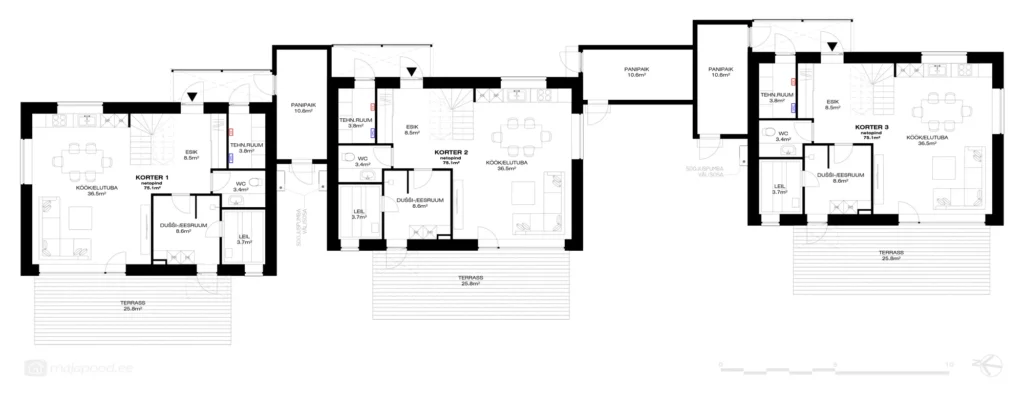 Kahekorruselise ridaelamu projekti I korruse plaan