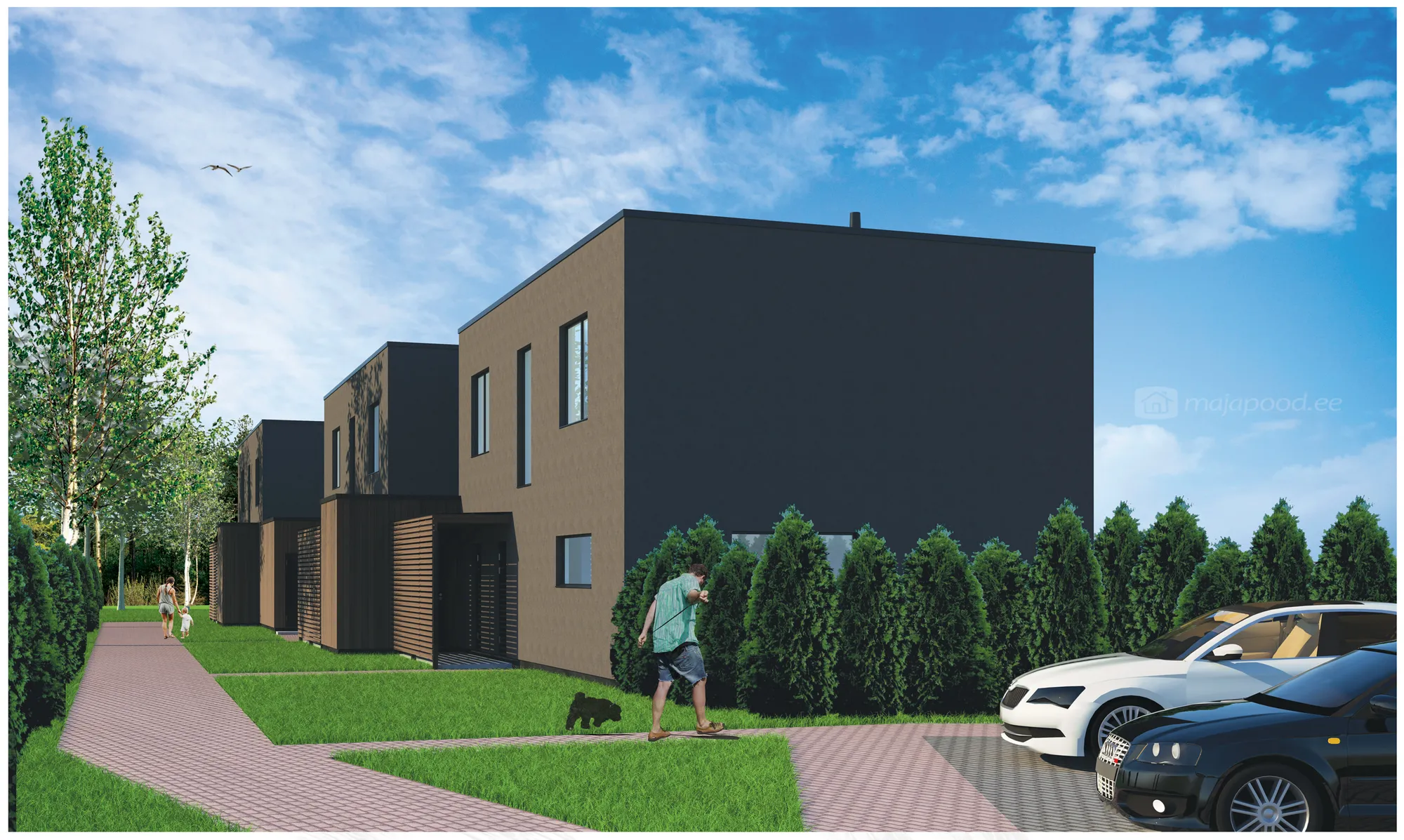 Kahekorruselise ridaelamu projekti Harjumaal 3D visualiseering tänavalt