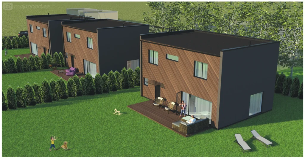 Kahekorruselise ridaelamu projekti Harjumaal 3D visualiseering hoovist