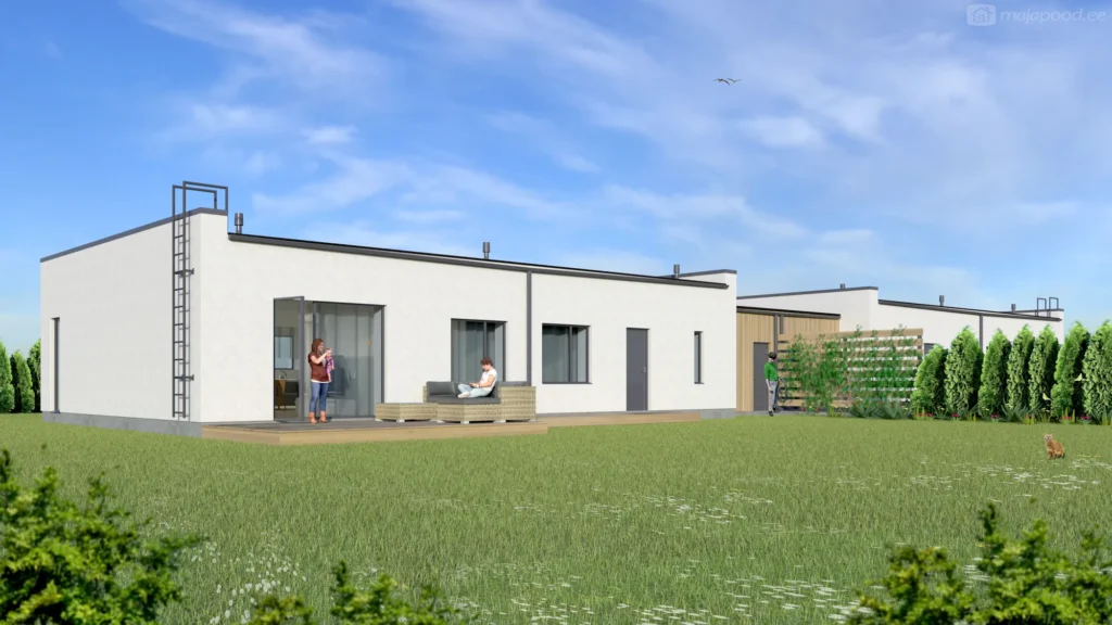 Ühekorruselise paariselamu projekti Harjumaal 3D visualiseering hoovist