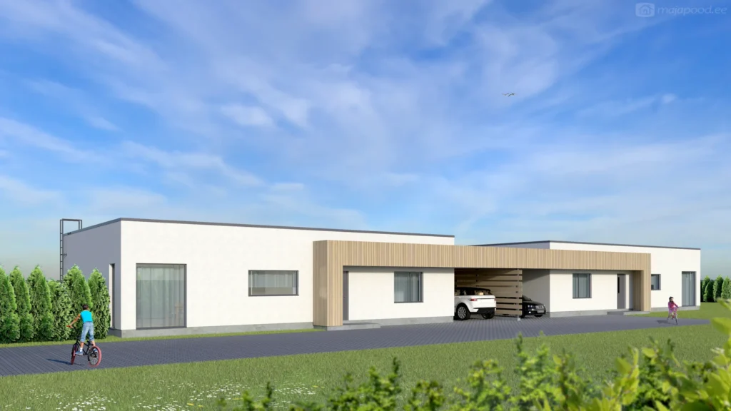 Ühekorruselise paariselamu projekti Harjumaal 3D visualiseering tänavalt