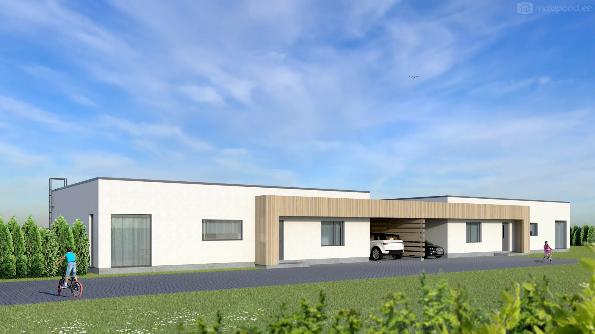 Ühekorruselise paariselamu projekti Harjumaal 3D visualiseering tänavalt