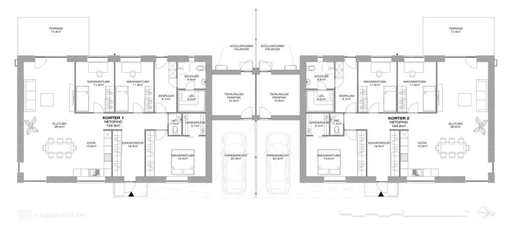 Ühekorruselise paariselamu projekti Harjumaal plaan