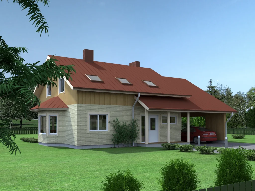 Kahekorruselise eramaja projekti Harjumaal 3D visualiseering tänavalt