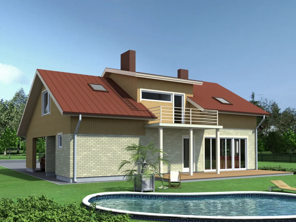 Kahekorruselise eramaja projekti Harjumaal 3D visualiseering hoovist