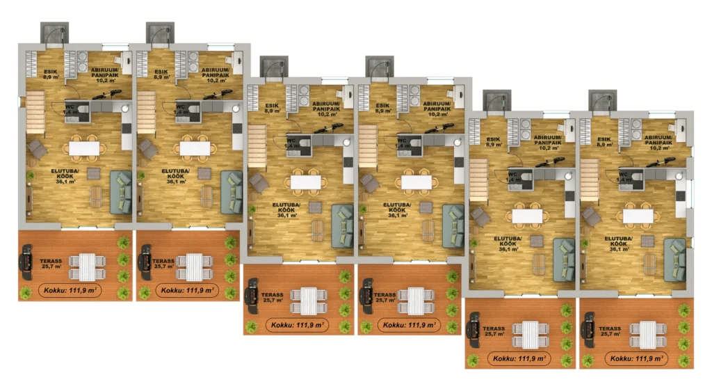 Kahekorruselise ridaelamu projekti I korruse plaan