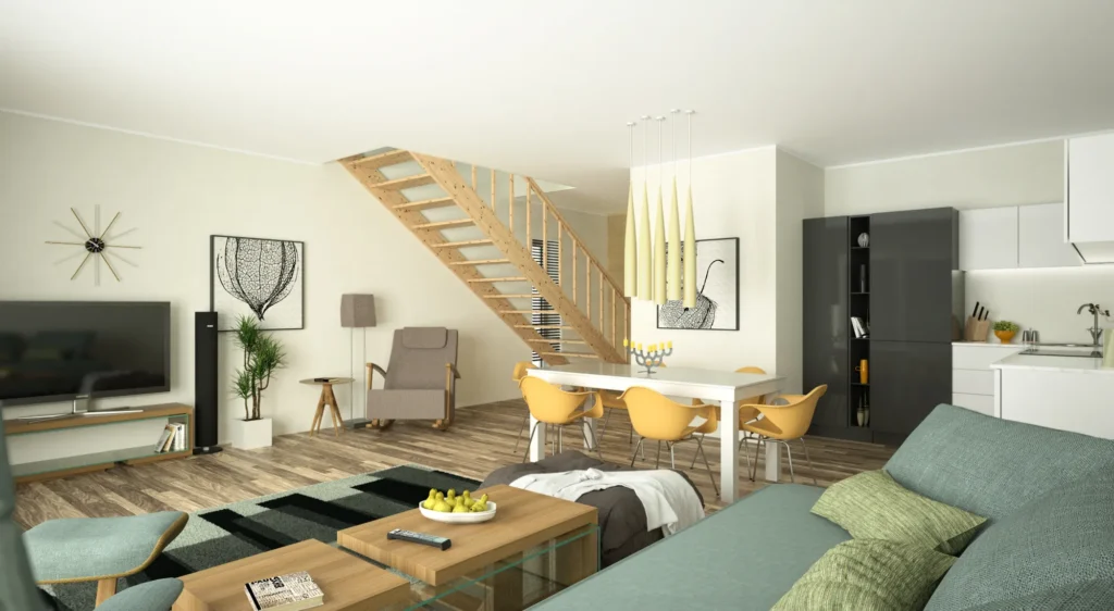 Kahekorruselise ridaelamu projekti Harjumaal interjööri 3D visualiseering