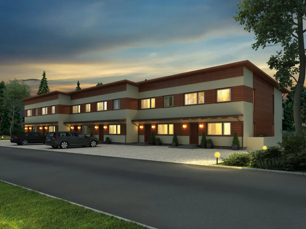 Kahekorruselise ridaelamu projekti Harjumaal 3D visualiseering tänavalt