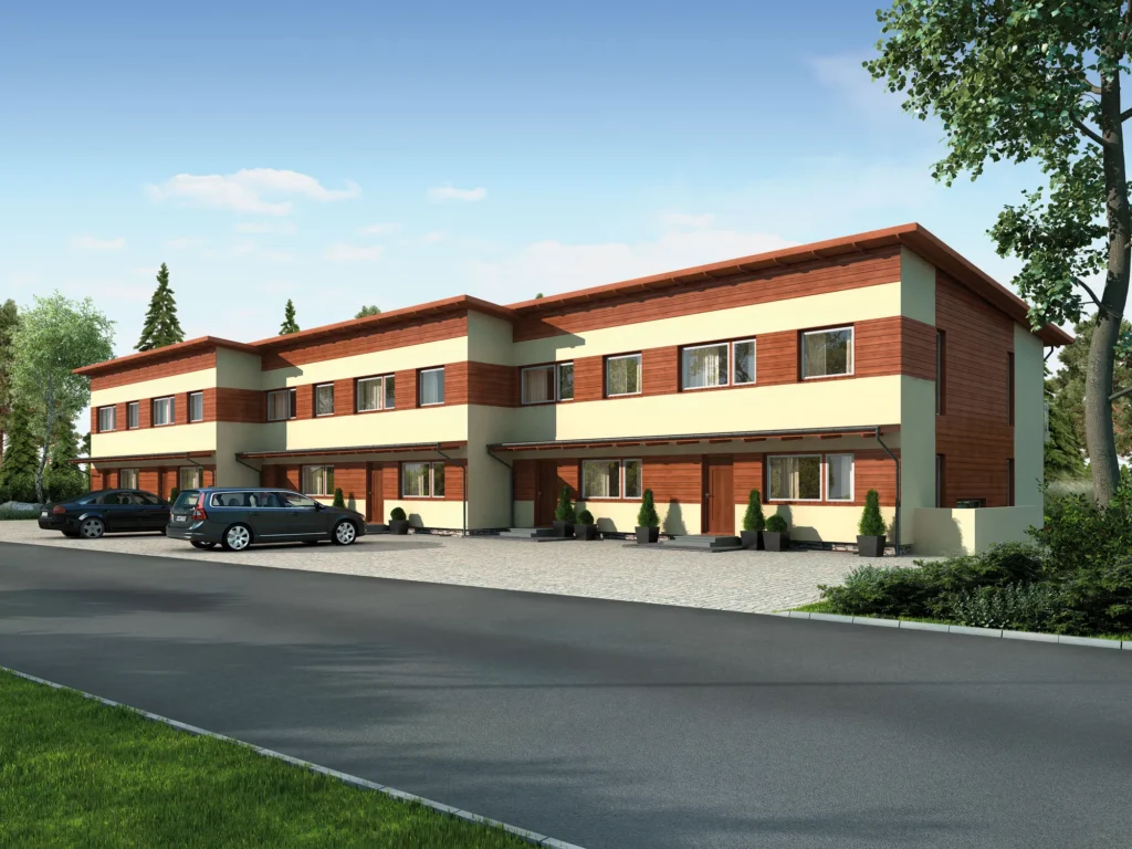 Kahekorruselise ridaelamu projekti Harjumaal 3D visualiseering tänavalt