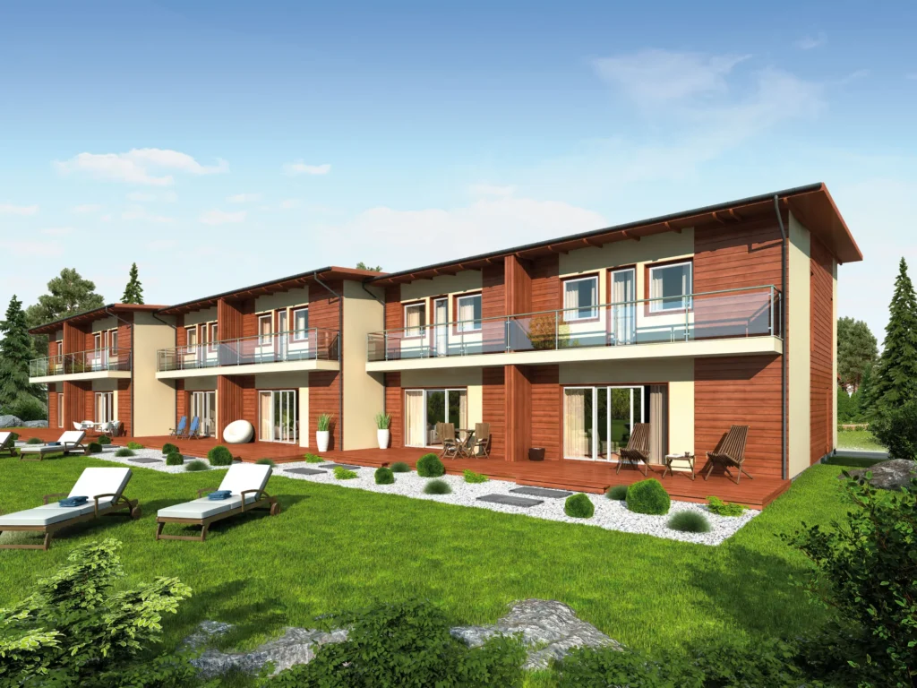 Kahekorruselise ridaelamu projekti Harjumaal 3D visualiseering hoovist