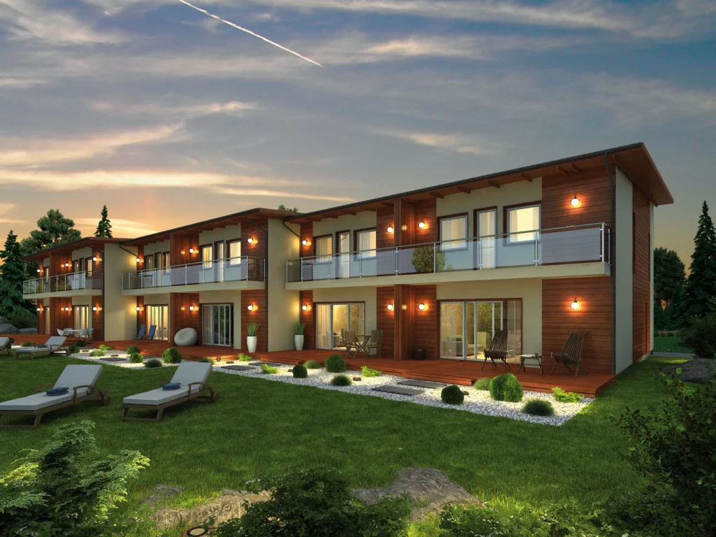 Kahekorruselise ridaelamu projekti Harjumaal 3D visualiseering hoovist