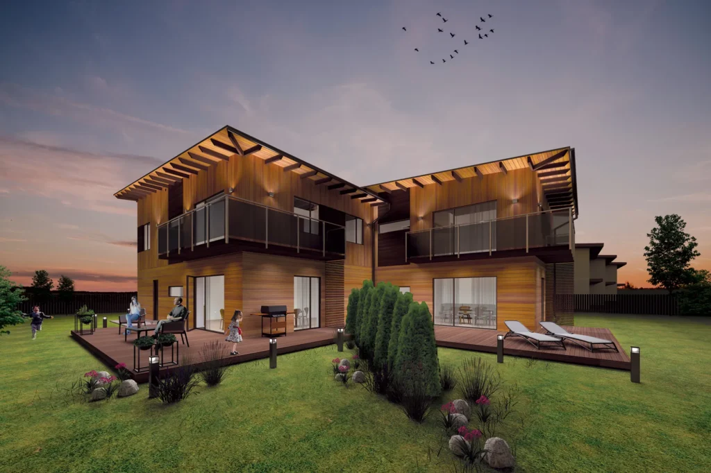 Kahekorruselise paariselamu projekti Harjumaal 3D visualiseering hoovist