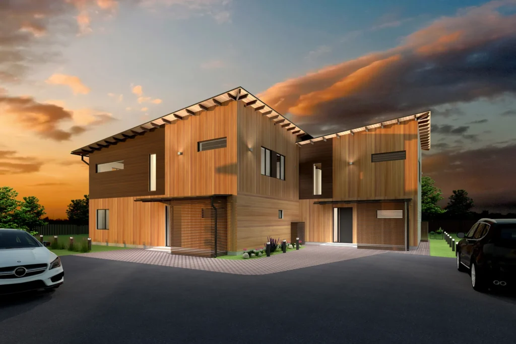 Kahekorruselise paariselamu projekti Harjumaal 3D visualiseering tänavalt