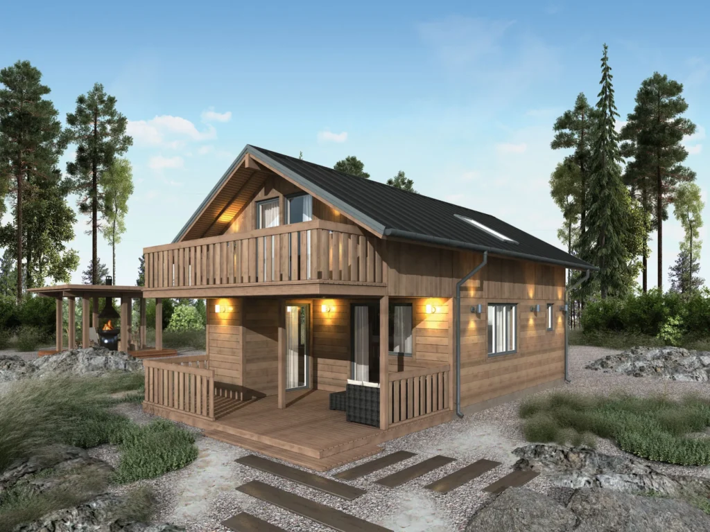 Kompaktse suvemaja 3D visualiseering sissepääsu poolt