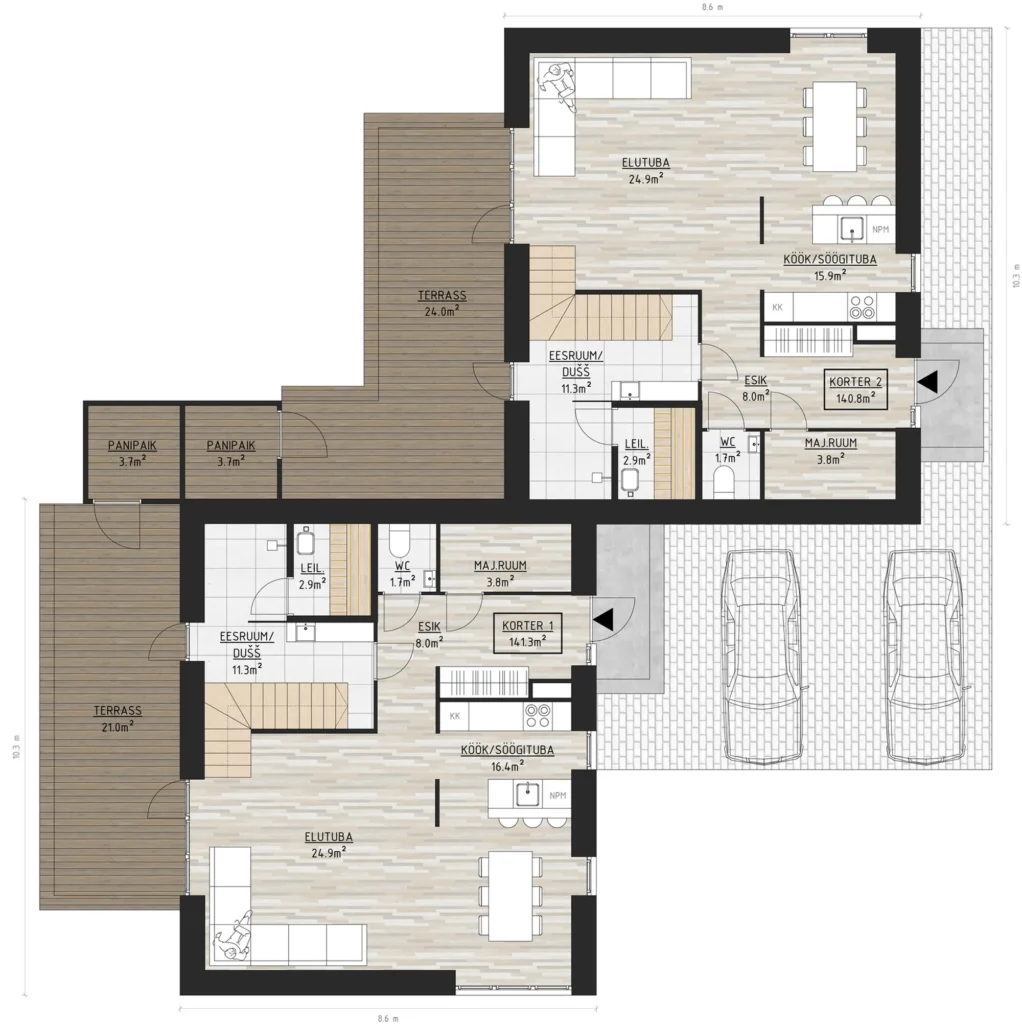 Kahekorruselise paariselamu projekti I korruse plaan