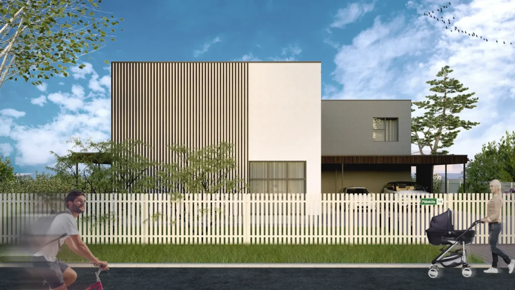 Kahekorruselise paariselamu projekti Tallinnas 3D visualiseering tänavalt
