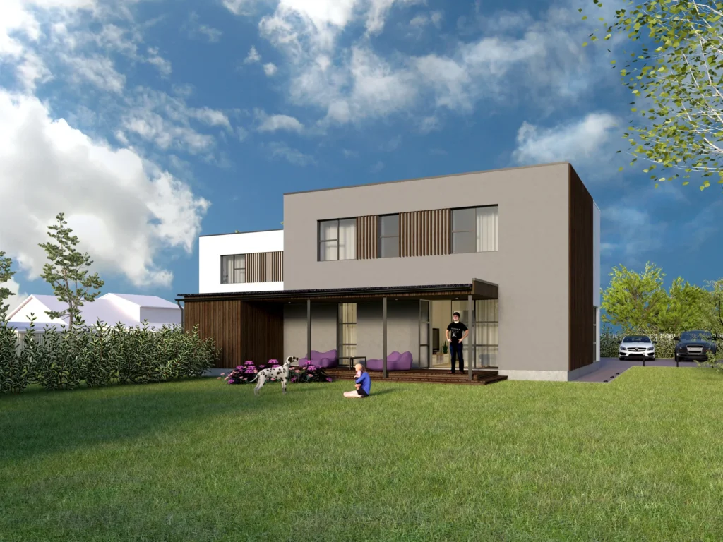 Kahekorruselise paariselamu projekti Tallinnas 3D visualiseering hoovist