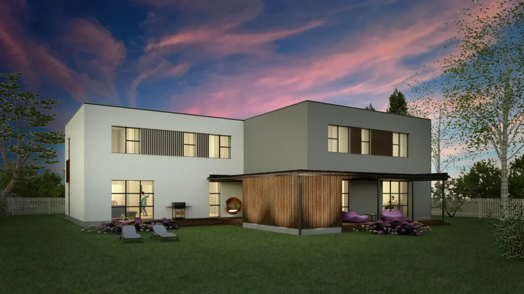 Kahekorruselise paariselamu projekti Tallinnas 3D visualiseering hoovist