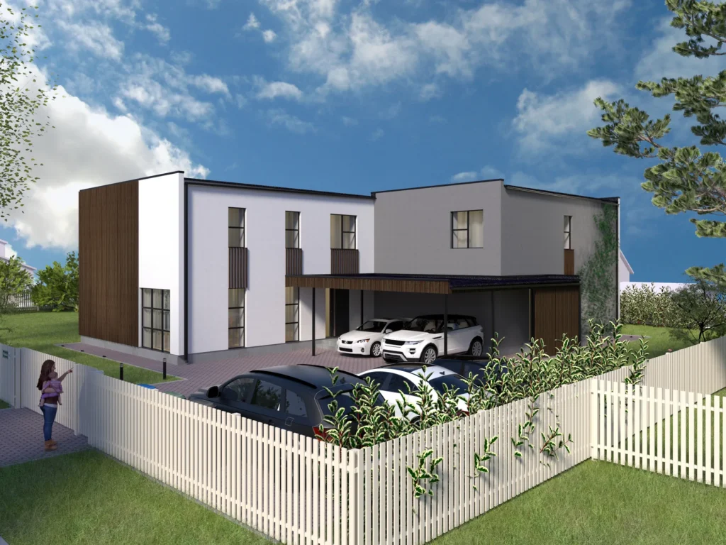 Kahekorruselise paariselamu projekti Tallinnas 3D visualiseering tänavalt