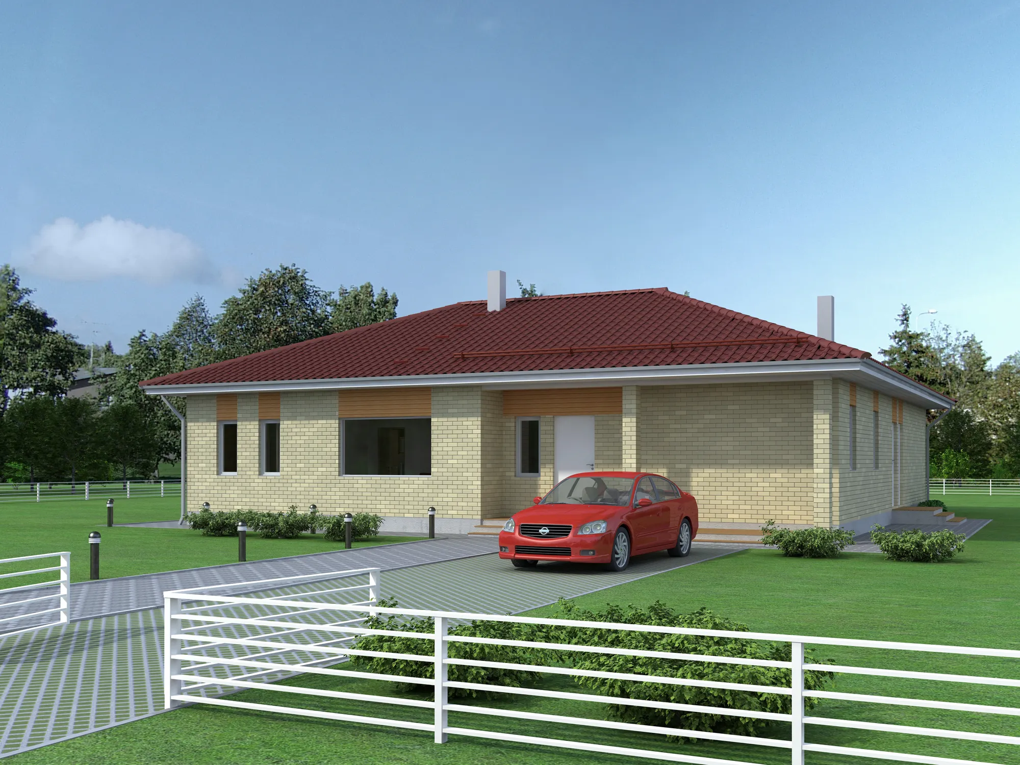 Ühekorruselise eramaja projekt Harjumaal 3D visualiseering tänavalt