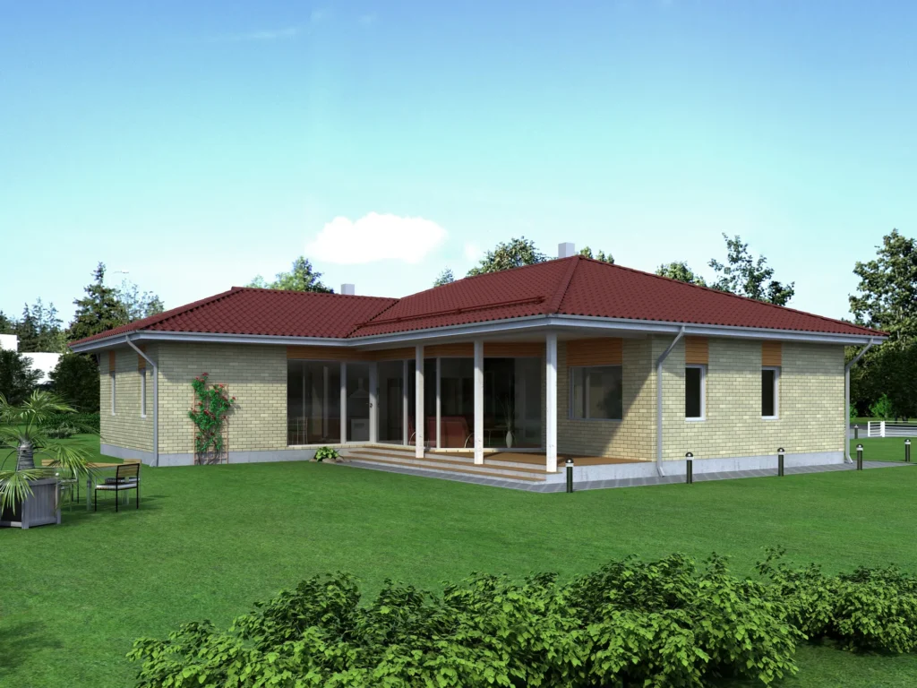 Ühekorruselise eramaja projekt Harjumaal 3D visualiseering hoovist