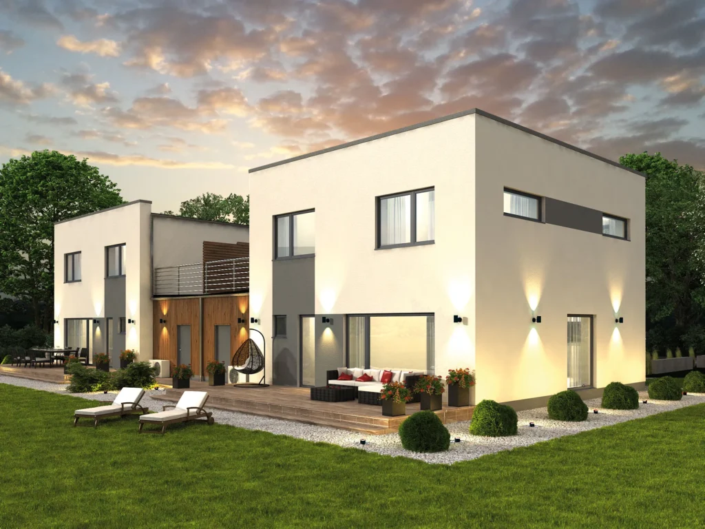 Kahekorruselise paariselamu projekt Harjumaal 3D visualiseering hoovist