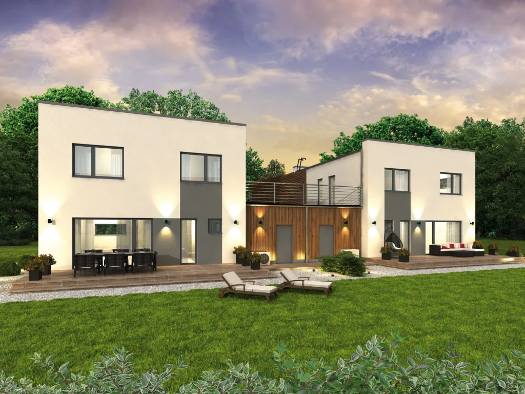 Kahekorruselise paariselamu projekt Harjumaal 3D visualiseering hoovist