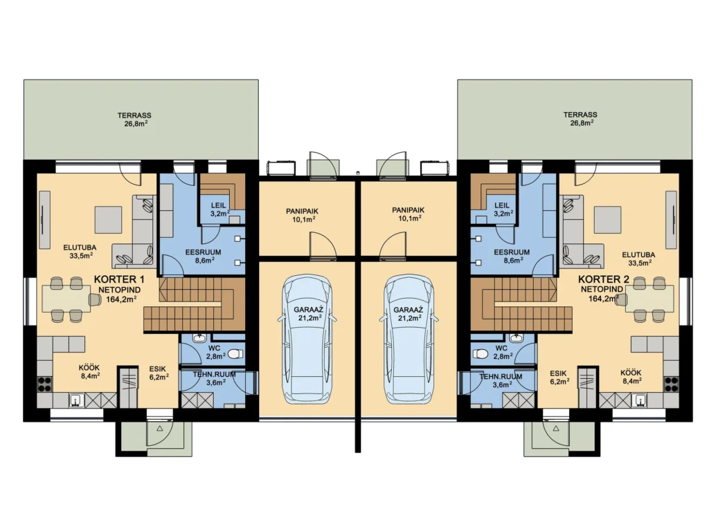 Kahekorruselise paariselamu projekti I korruse plaan