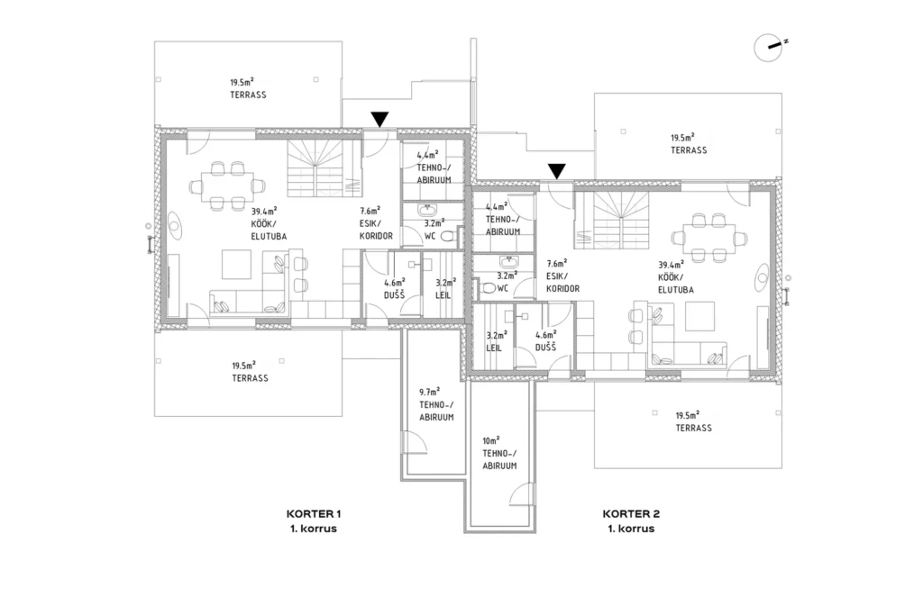 Kahekorruselise paariselamu projekti I korruse plaan