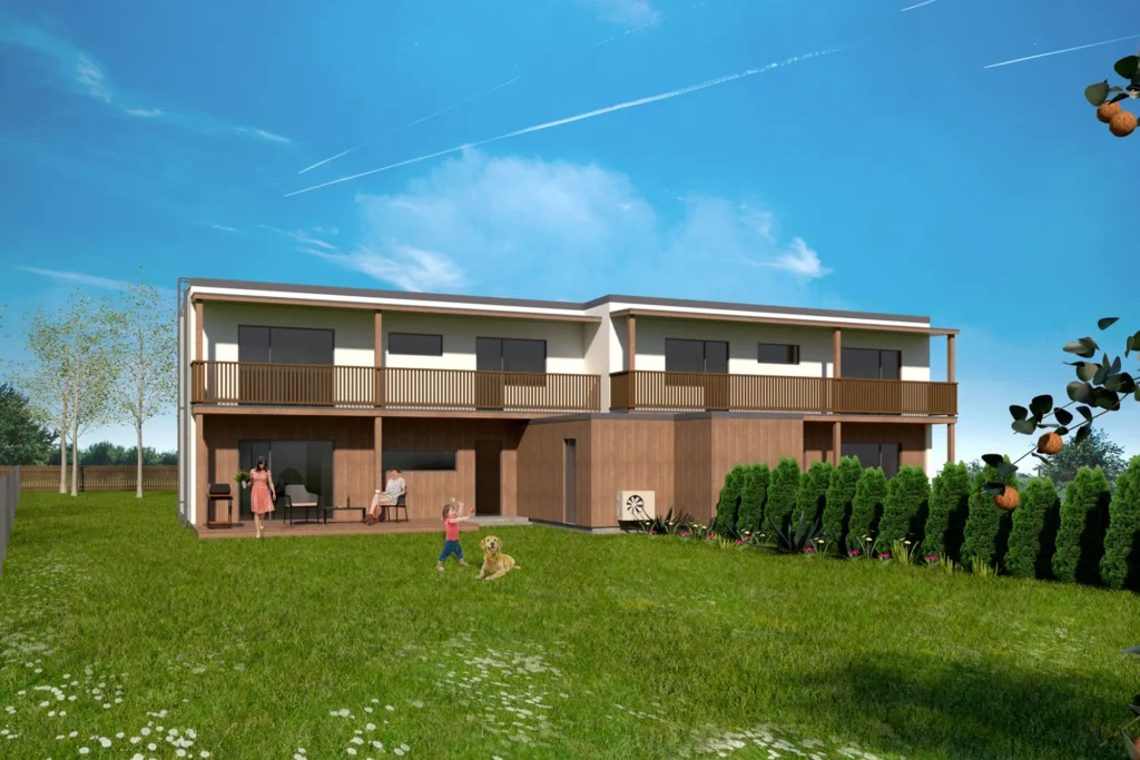 Kahekorruselise paariselamu projekt Harjumaal 3D visualiseering hoovist