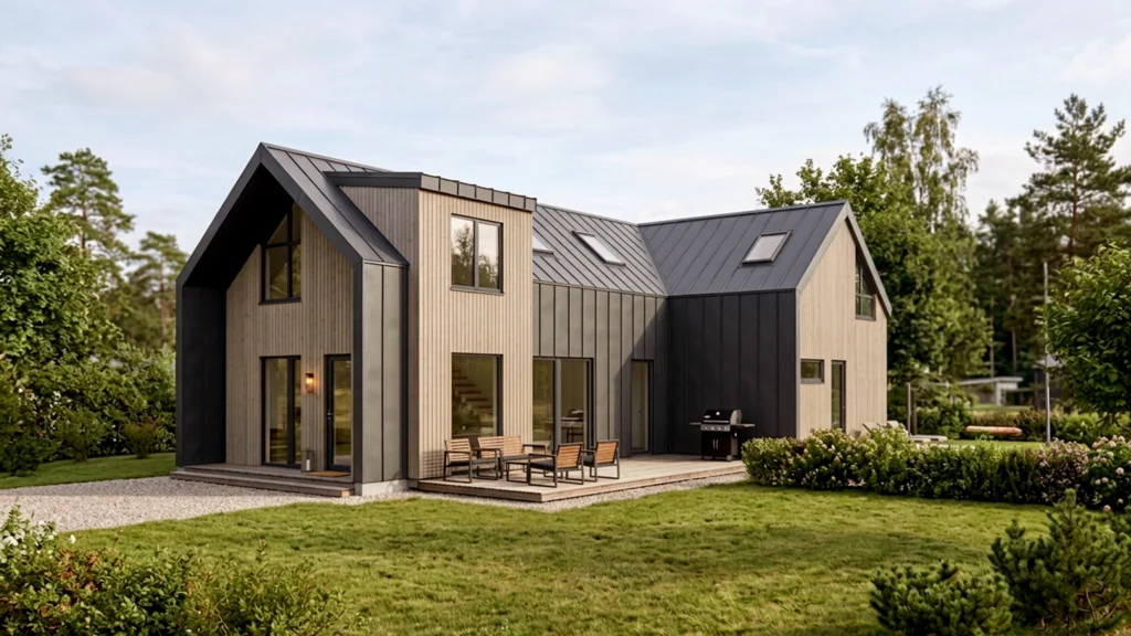 Kahekorruselise paariselamu projekt Harjumaal 3D visualiseering hoovist